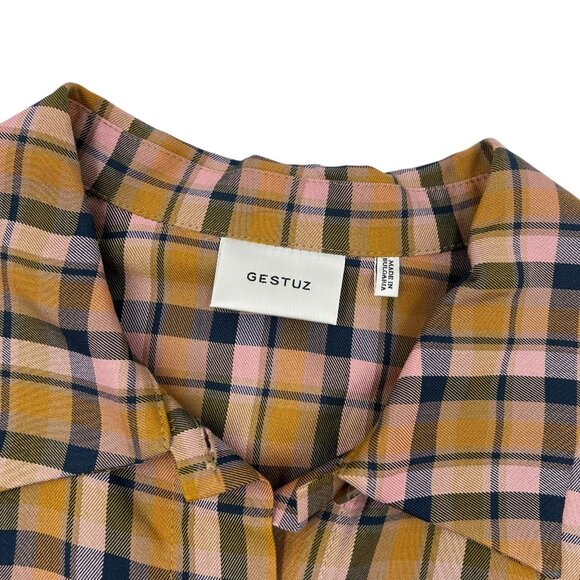 Gestuz Womens Tan Plaid Tie Waist AcieGZ Town & Country Half Button Dress Sz 40 - Picture 8 of 12